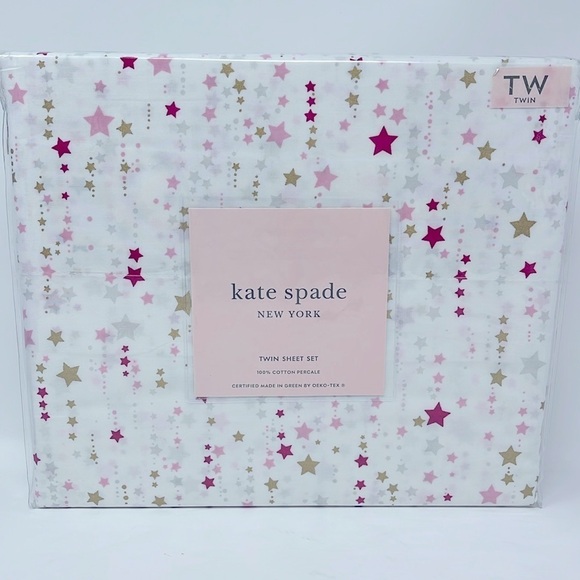 Kate Spade Twin Size Sheet Set white with gold, pink red stars stardust NWT - Picture 6 of 7
